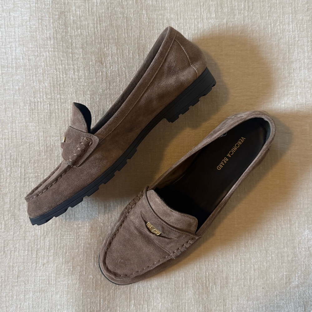 Veronica Beard Taupe Suede Penny Loafers